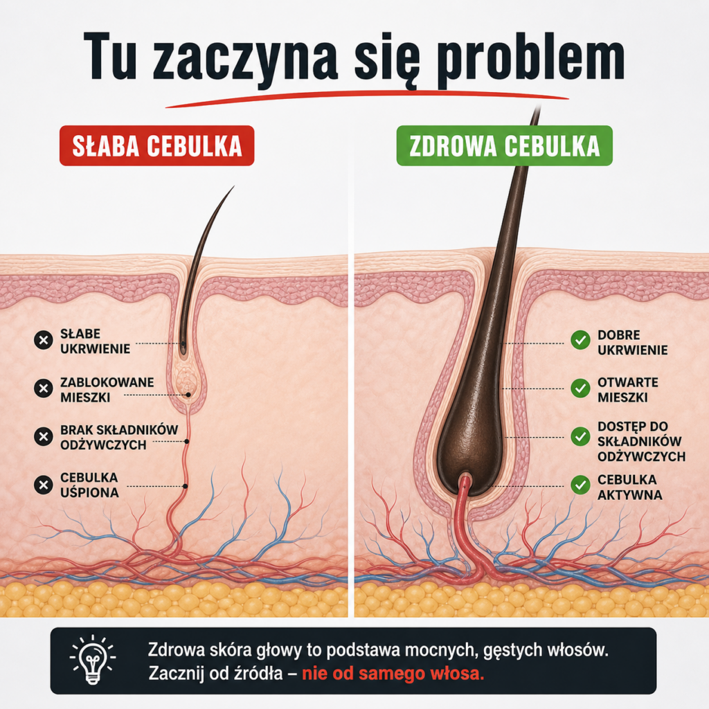 Porównanie słabej zdrowej cebulki włosa